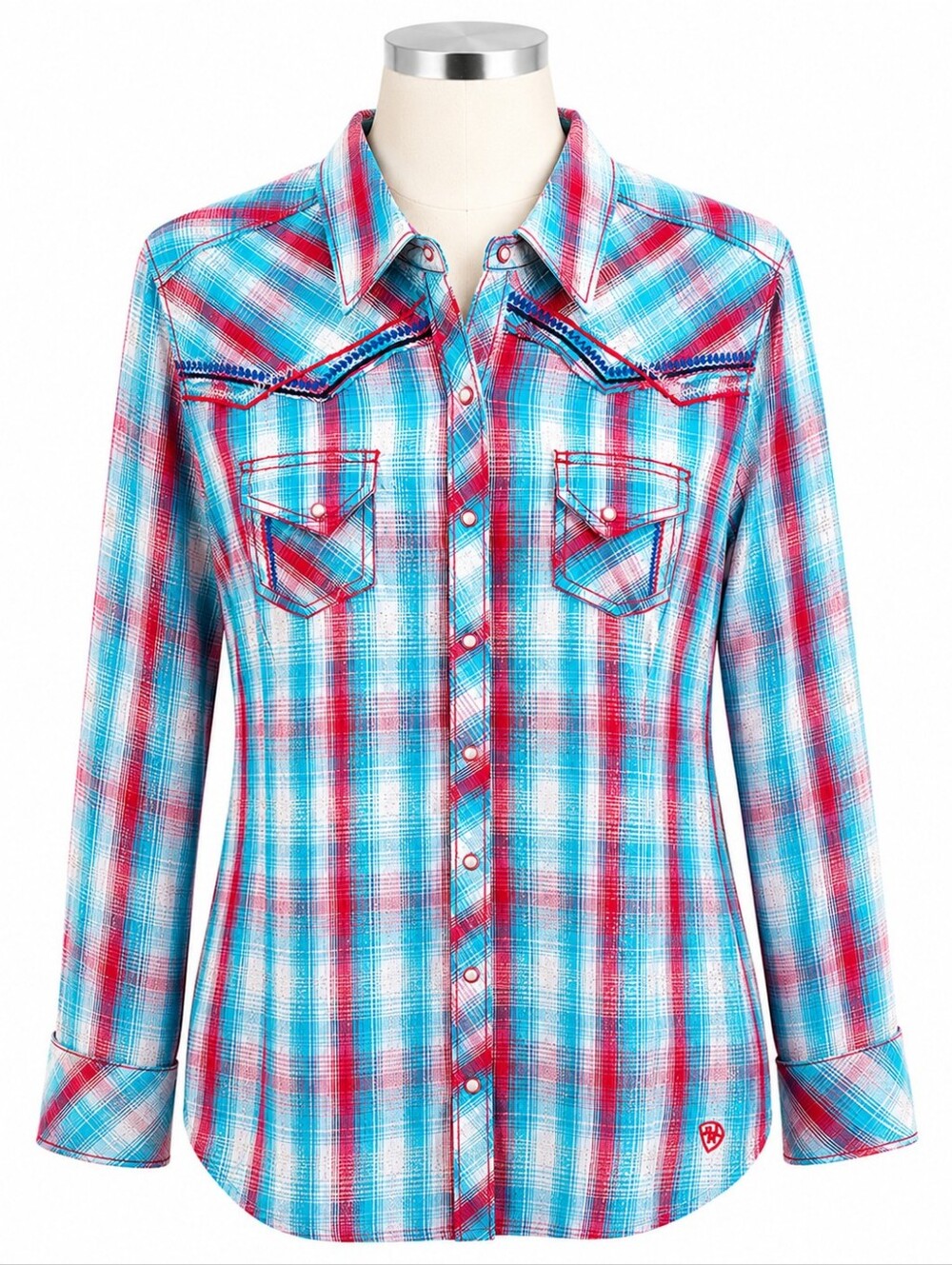 Ariat Fitted Western Pearl Snap Shirt Womens L Plaid Blue Red Shiny Lurex Top